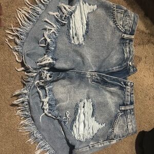 Distressed Denim Fringe Shorts